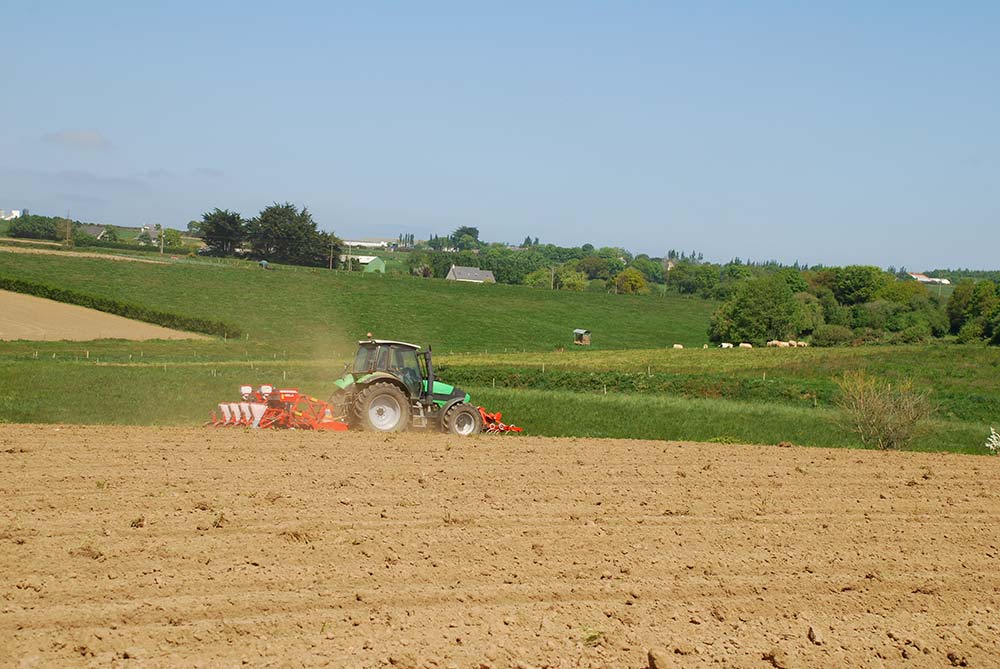 Un tracteur Deutz qui sème du maïs dans un sol bien préparé - Illustration Maïs : Bien travailler le sol pour des semis en conditions sèches