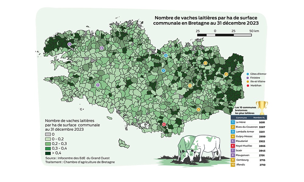 Carte du nombre de vaches laitières par ha de surface communale en Bretagne au 31 décembre 2023