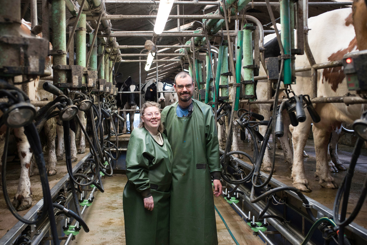 Les éleveurs Coralie et David Gallais dans leur salle de traite. - Illustration Jeunes, motivés et indépendants