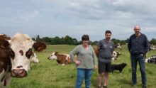 Les éleveurs Sylvie, Pierre et Xavier Le Moal dans une parcelle d'herbe avec leurs vaches Normandes.