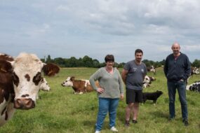 Les éleveurs Sylvie, Pierre et Xavier Le Moal dans une parcelle d'herbe avec leurs vaches Normandes.