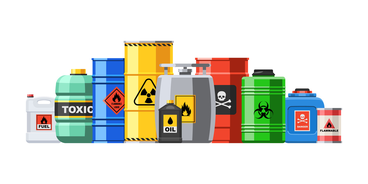 Image avec différents bidons de produits chimiques - Illustration Les produits chimiques :  un risque  à ne pas prendre à la légère