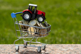 TRACTEUR MINIATURE DANS UN CADDIE REMPLI DE PIÈCES DE MONNAIE