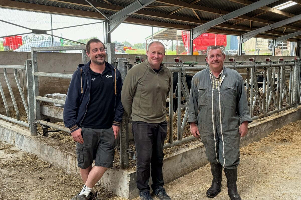 Nicolas, Pierre-Yves et Dominique Le Borgne, producteurs de lait, dans leur bâtiment.   - Illustration « Prioriser la production de lait »