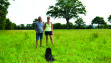 Les éleveurs dans une parcelle avec leur chien et un arbre dans le fond