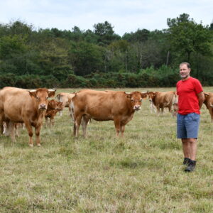 L'éleveur avec ses bovins dans une parcelle d'herbe