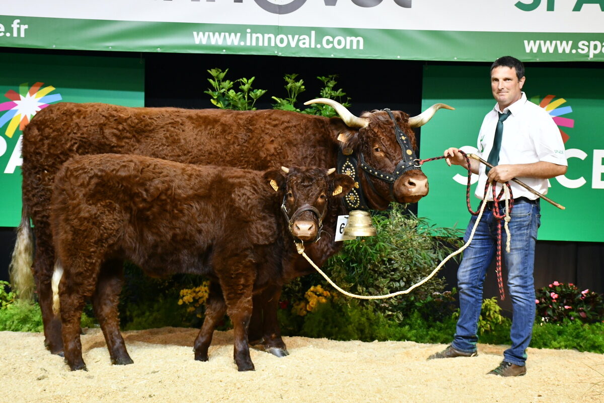 Mylène et son veau sur le podium avec l'éleveur - Illustration Mylène l’emporte sans contrefaçon