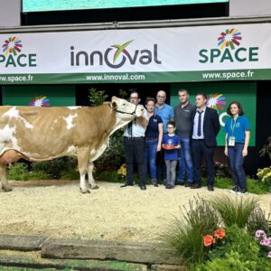 vache Simmental et éleveurs sur le podium du Space