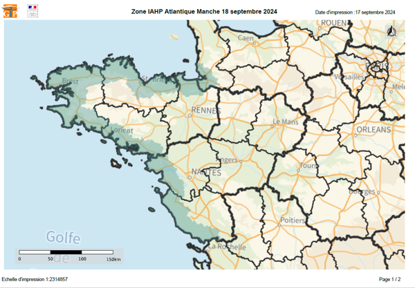 Carte du périmètre de surveillance de l'Influenza Aviaire - Illustration Création d’un périmètre  de surveillance active  contre le virus IAHP