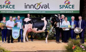 Des éleveurs et des responsables sur le podium du Space 2024 autour de la vache qui a remporté le concours de a raceHolstein