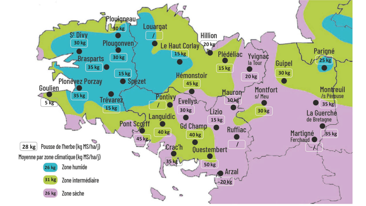 carte de la pousse de l'herbe en Bretagne du 16 au 23 septembre 2024 - Illustration Observatoire des fourrages Bretagne : 28 kg KG MS/HA/JOUR