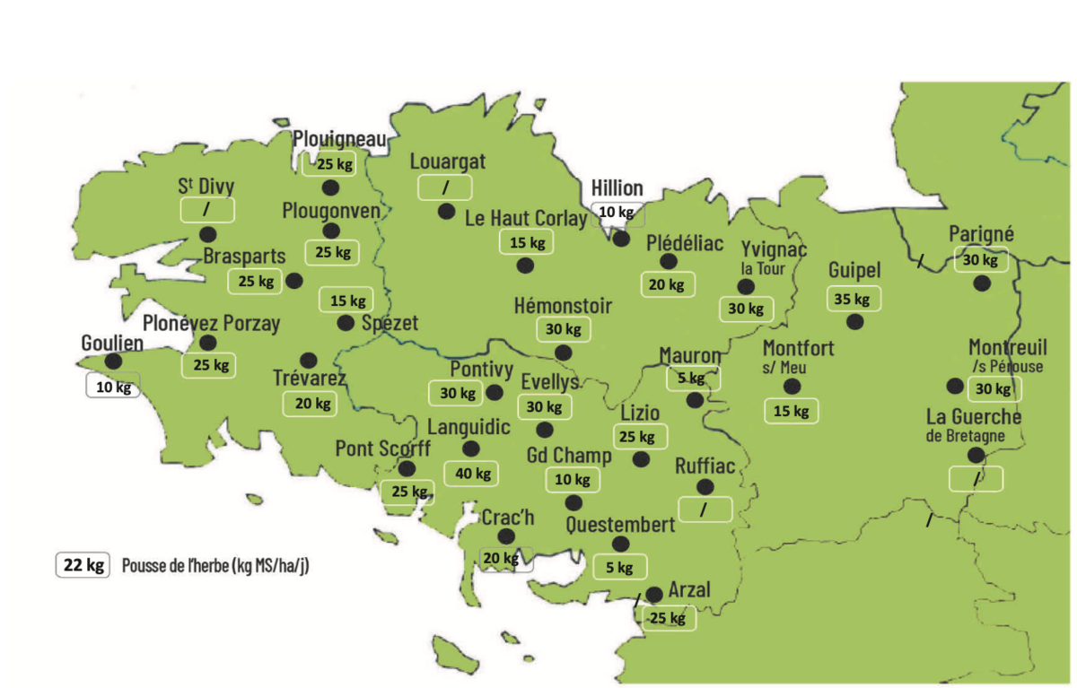 Carte de la pousse de l'herbe en Bretagne du 8 au 14 octobre 2024 - Illustration Observatoire des fourrages Bretagne : 22 kg MS/ha/jour