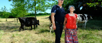 Un couple avec des vaches dans une prairie plantée d’aulnes glutineux