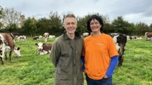 Agriculteur et salariée de l'idèle dans une prairie avec des vaches Normandes