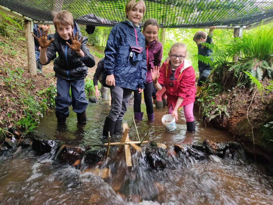 Un groupe d'enfants jouent dans un ruisseau.