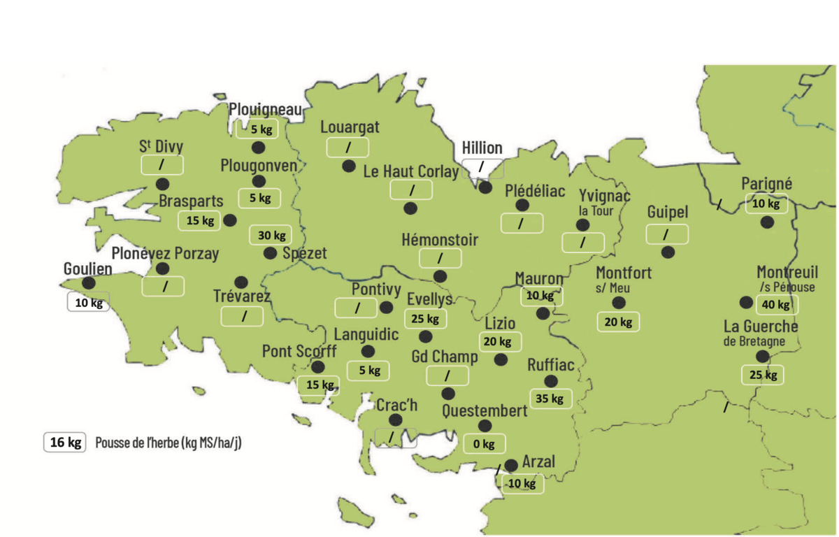 Carte de la pousse de l'herbe en Bretagne du 22 au 28 octobre 2024 - Illustration Observatoire des fourrages Bretagne : 16 kg MS/ha/jour