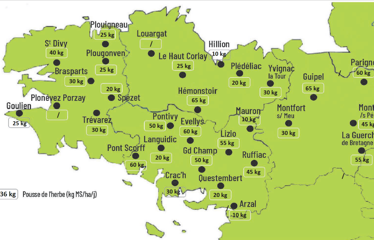 Carte de la pousse de l'herbe en Bretagne du 23 au 30 septembre 2024 - Illustration Observatoire des fourrages Bretagne : 36 kg MS/ha/jour