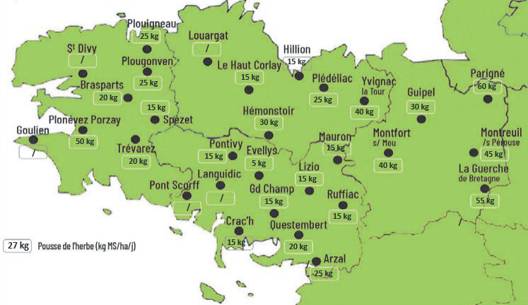 Carte de la pousse de l'herbe en Bretagne du 1er au 8 octobre 2024 - Illustration Observatoire des fourrages Bretagne : 27 kg MS/ha/jour