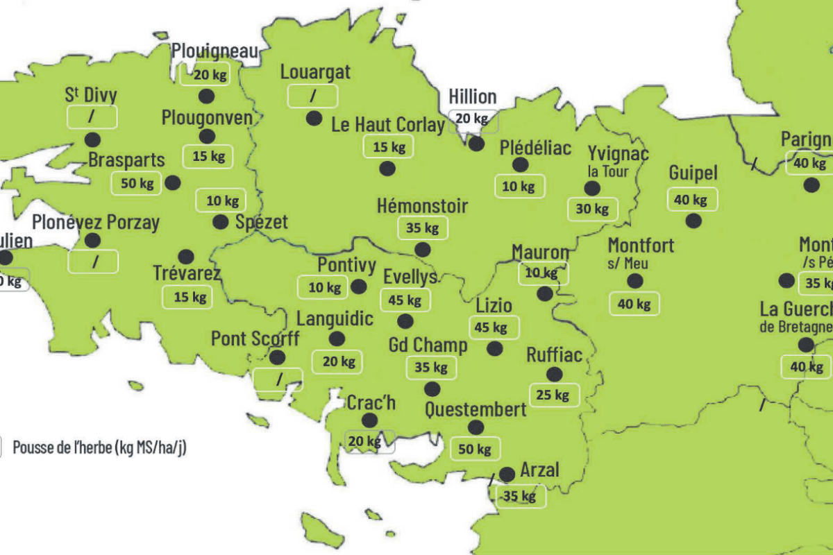 Carte de la pousse de l'herbe en Bretagne du 14 au 23 octobre 2024 - Illustration Observatoire des fourrages Bretagne : 29 kg MS/ha/jour