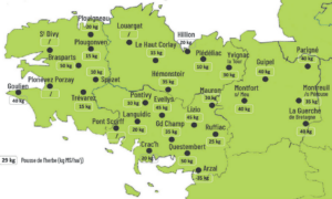 Carte de la pousse de l'herbe en Bretagne du 14 au 23 octobre 2024