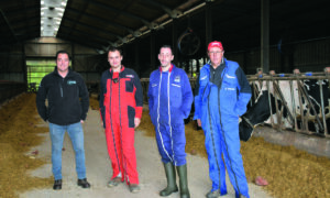 Quatre éleveurs dans un hangar