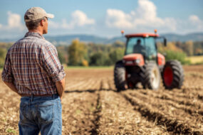 agriculteur dans un champ regardant un tracteur arriver