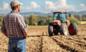 agriculteur dans un champ regardant un tracteur arriver