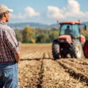 agriculteur dans un champ regardant un tracteur arriver