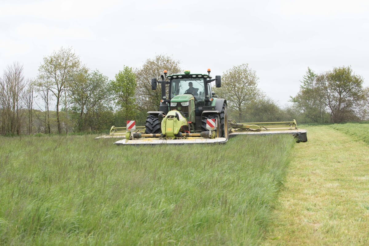 Un tracteur réalise un chantier de fauche de l'herbe.  - Illustration Tout pour récolter de l’herbe