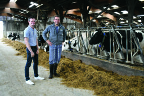 Fabrice Jolys et Antoine Yven dans la stabulation des vaches