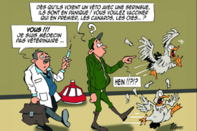 Dessin humoristique sur les vaccins antigrippaux pour les humains en contact avec les porcs et les volailles