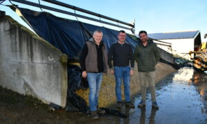 Les trois hommes devant le silo de maïs