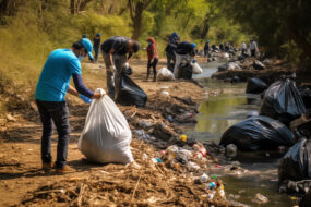 Personnes nettoyant une rivière