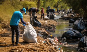 Personnes nettoyant une rivière