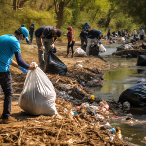 Personnes nettoyant une rivière