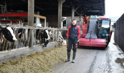 Alexis Robert devant la mélangeuse dans le couloir d'alimentation avec les vaches