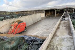 Un robot d'alimentation prélève de l'ensilage d'herbe dans un silo devant une étable.