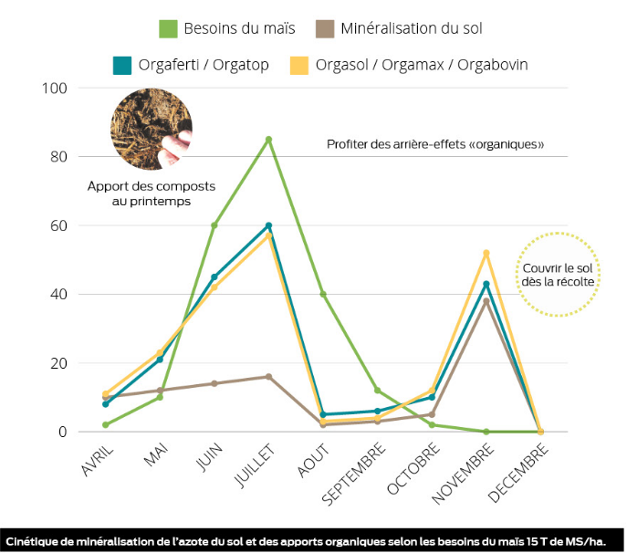 graphique de la cinétique de minéralisation de l’azote du sol et des apports organiques 
selon les besoins du maïs 15 T de MS/ha