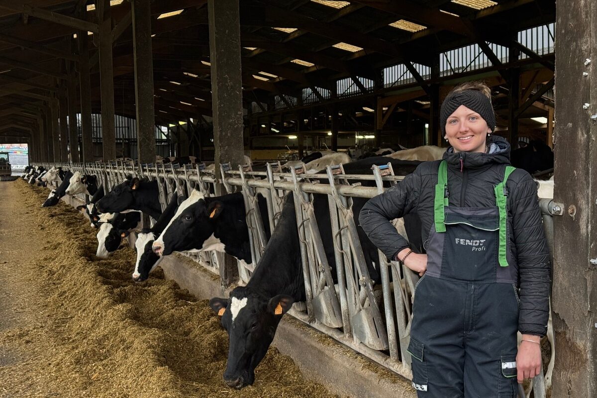 Une jeune éleveuse davant ses vaches à l'auge - Illustration Contre les boiteries, le travail paie