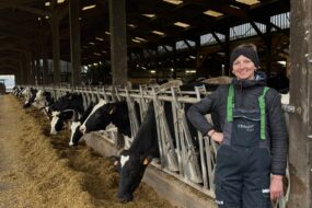 Une jeune éleveuse davant ses vaches à l'auge