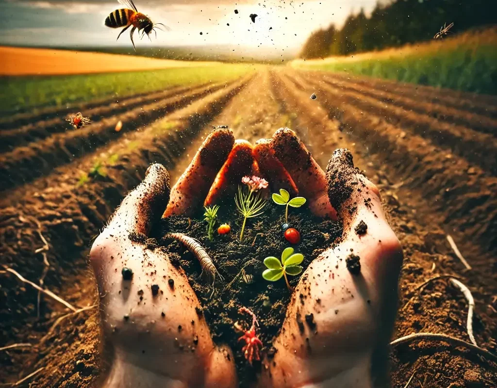 Une photographie de mains d'un agriculteur plongées dans un sol agricole riche en biodiversité - Illustration Pratiquer « l’agriculture intelligente »