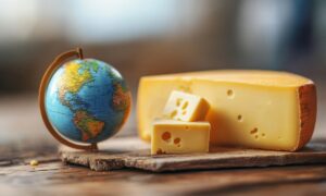 Meule de fromage et globe terrestre pointé sur les USA.