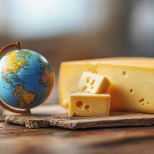 Meule de fromage et globe terrestre pointé sur les USA.