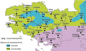 carte de la pousse de l'herbe en Bretagne du 25 février au 3 mars 2025