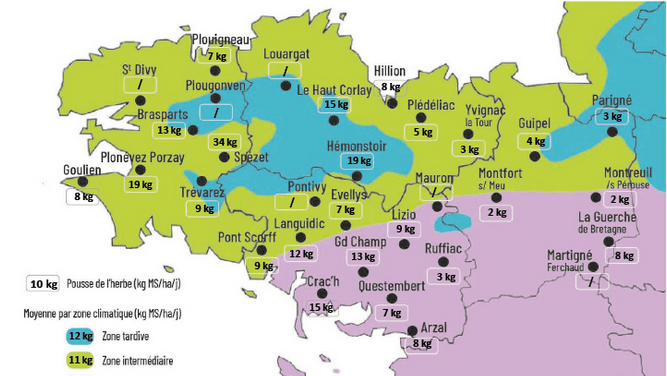 carte de la pousse de l'herbe en Bretagne du 25 février au 3 mars 2025 - Illustration Observatoire des fourrages Bretagne : 10 kg MS/ha/jour