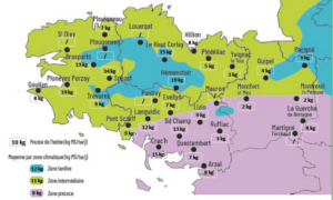 carte de la pousse de l'herbe en Bretagne du 4 au 10 mars 2025