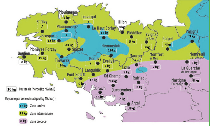 carte de la pousse de l'herbe en Bretagne du 4 au 10 mars 2025 - Illustration Observatoire des fourrages Bretagne : 10 kg MS/ha/jour