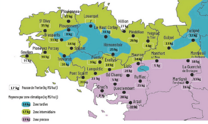 carte de la pousse de l'herbe en Bretagne du 11 au 17 mars 2025 - Illustration Observatoire des fourrages: 17 kg MS/ha/jour